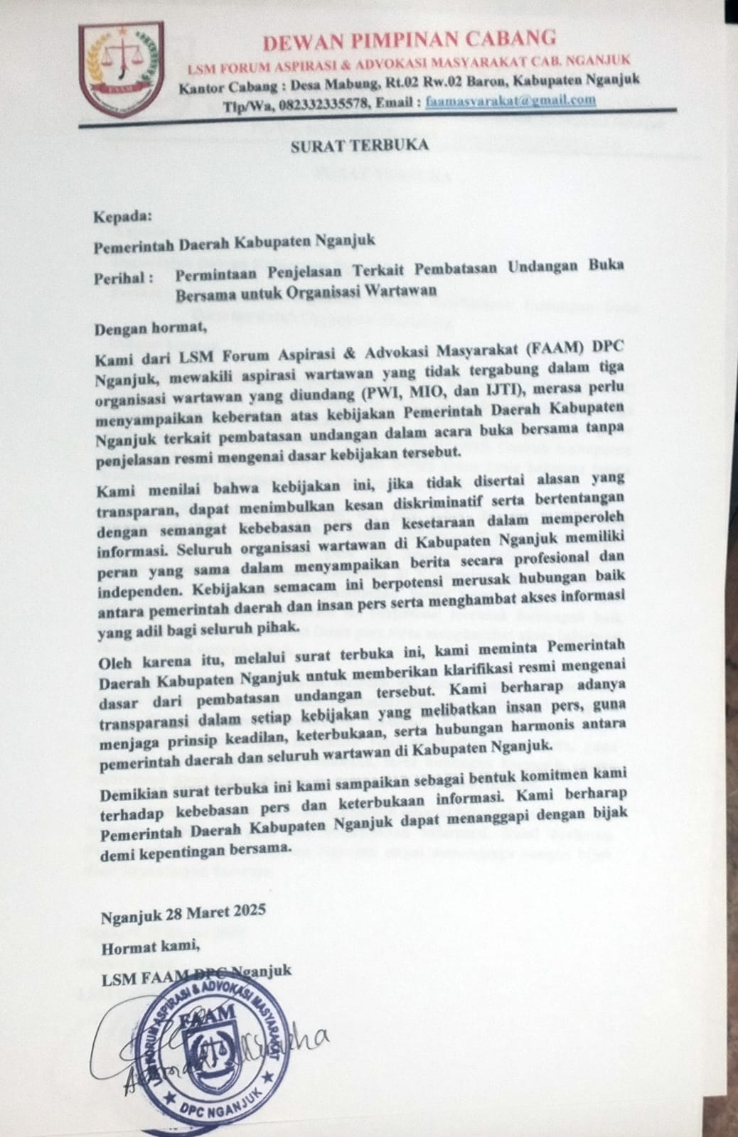 LSM FAAM Kritik Pemda Nganjuk: Bukber dengan Media Dinilai Tebang Pilih